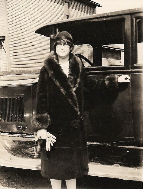 Ella Madge McClellan with car ca 1928